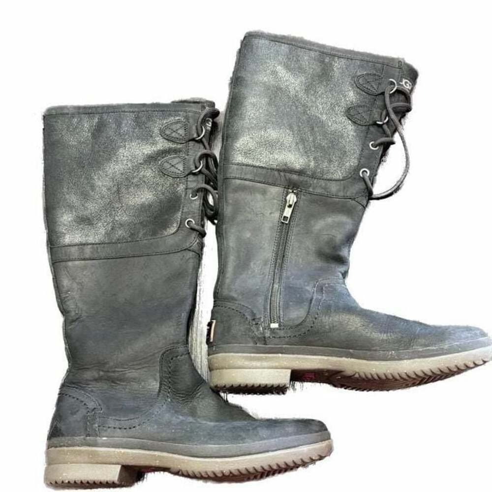UGG Elsa Tall Waterproof Black Leather Lace-Up Winter Boots